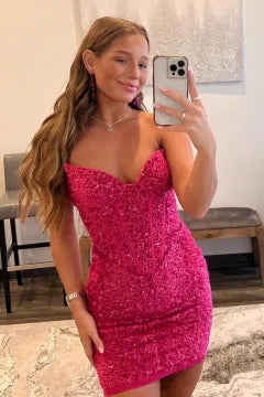 Strapless Sweetheart Corset Sequin Homecoming Dress | Bodycon Mini Party Dress