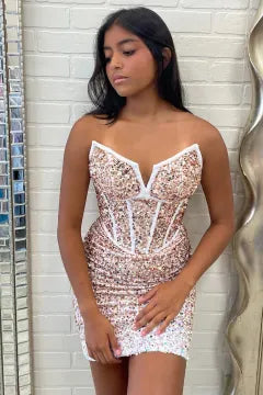 Strapless Sweetheart Corset Sequin Homecoming Dress | Bodycon Mini Party Dress