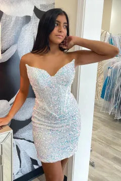 Strapless Sweetheart Corset Sequin Homecoming Dress | Bodycon Mini Party Dress