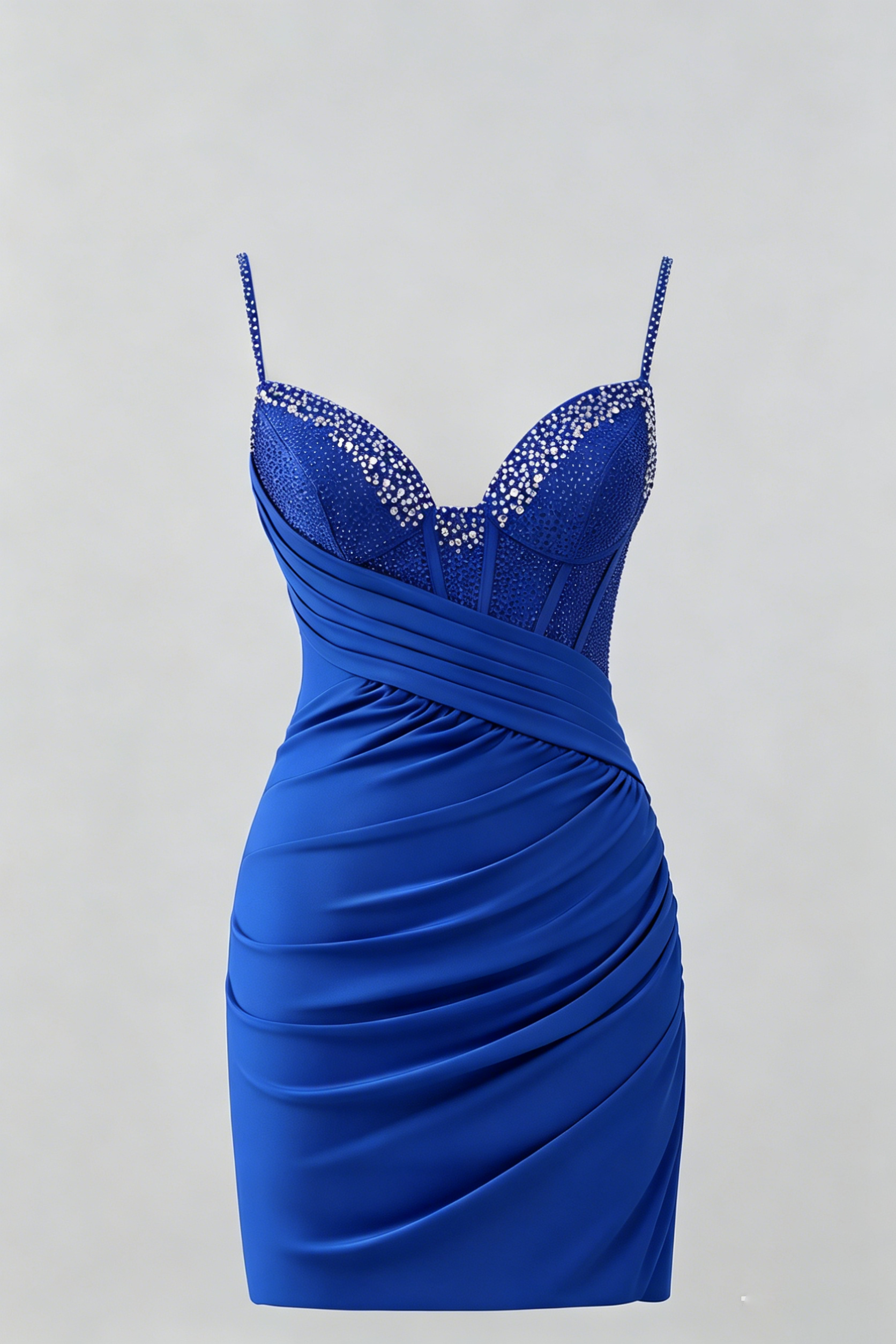 Spaghetti Strap Rhinestone Homecoming Dress | Ruched Bodycon Sweetheart Short Prom Gown