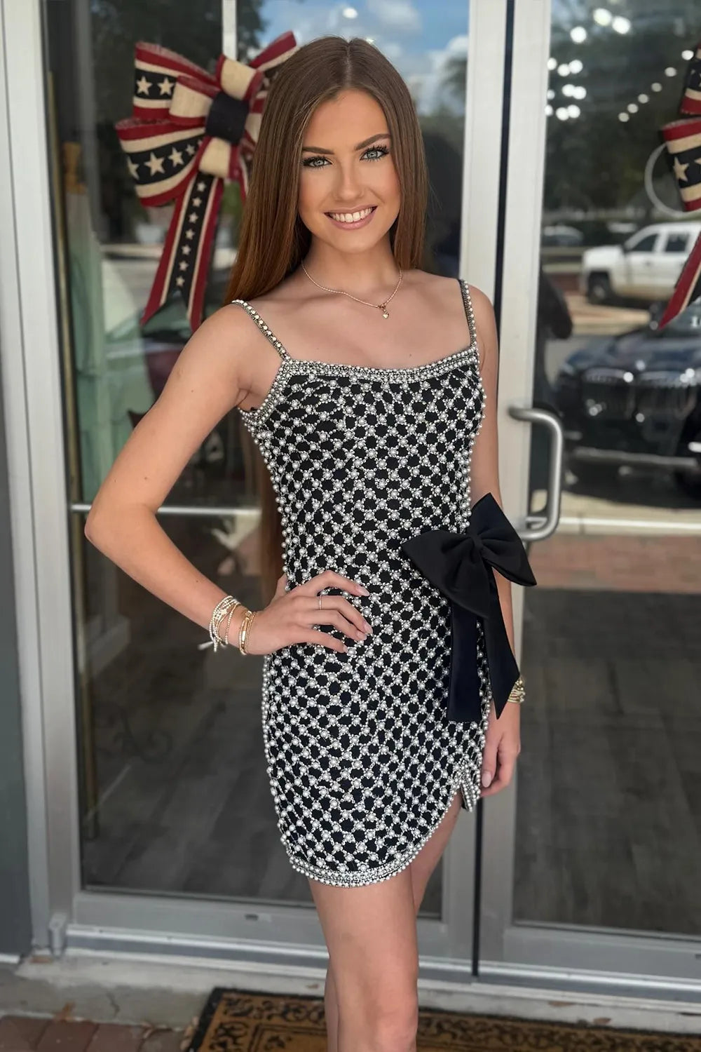 Spaghetti Strap Pearl Embellished Homecoming Dress with Satin Bow