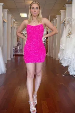 Spaghetti Strap Sequin Homecoming Dress | Bodycon Mini Cocktail Party Dress