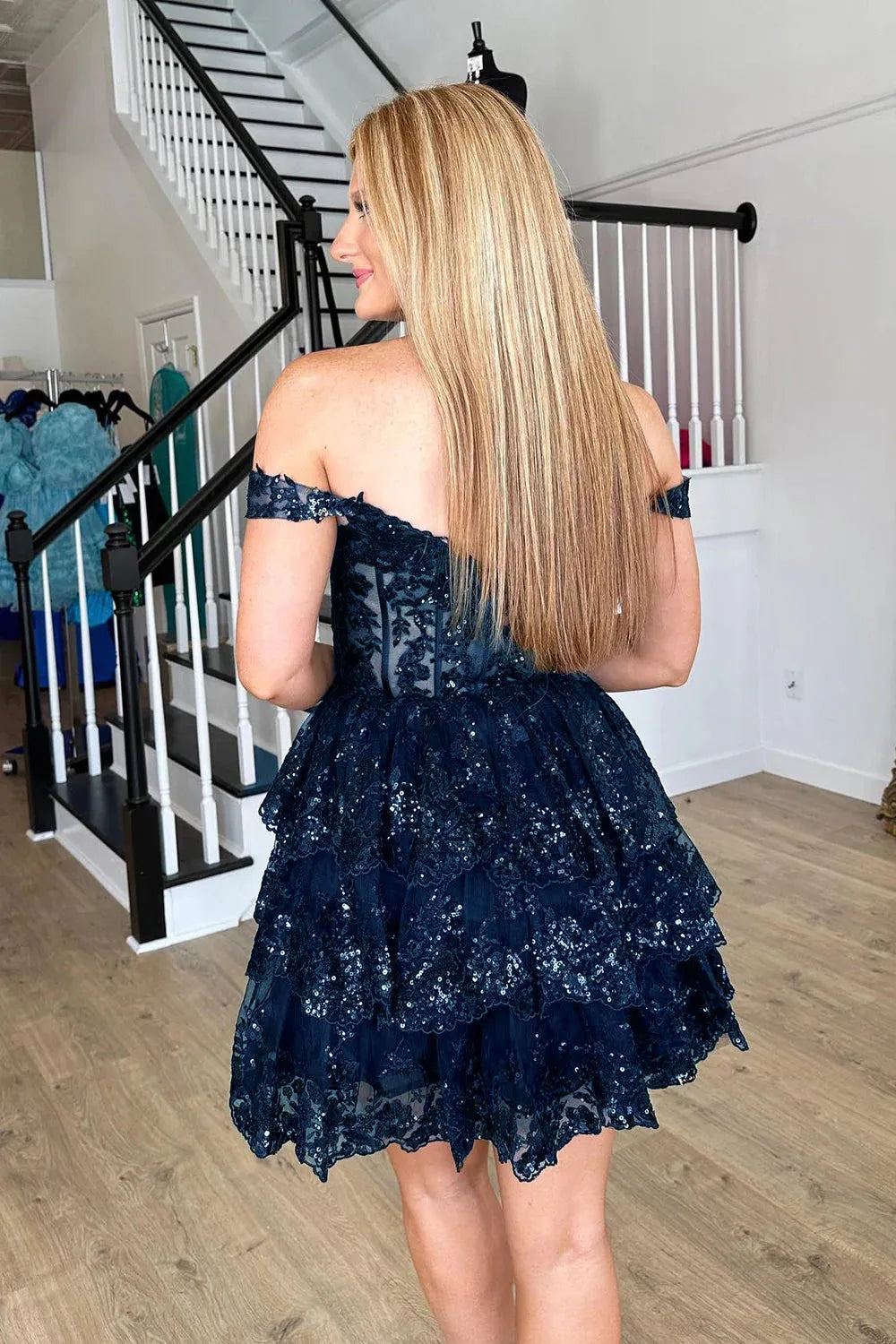 Off-the-Shoulder Sequin Lace Corset Homecoming Dress | Tiered Ruffle Short Prom Gown
