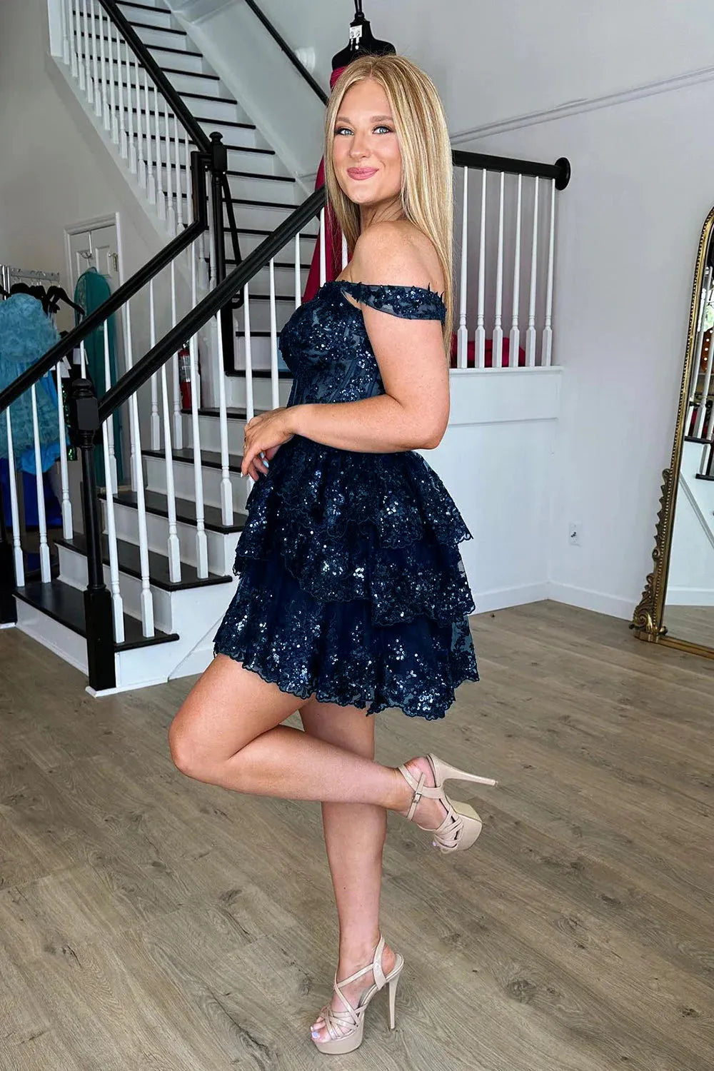 Off-the-Shoulder Sequin Lace Corset Homecoming Dress | Tiered Ruffle Short Prom Gown