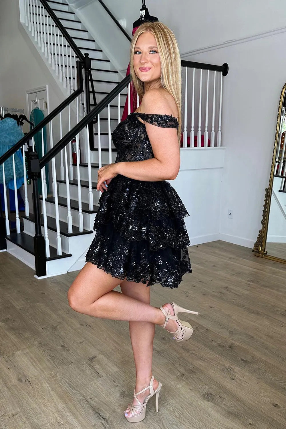 Off-the-Shoulder Sequin Lace Corset Homecoming Dress | Tiered Ruffle Short Prom Gown