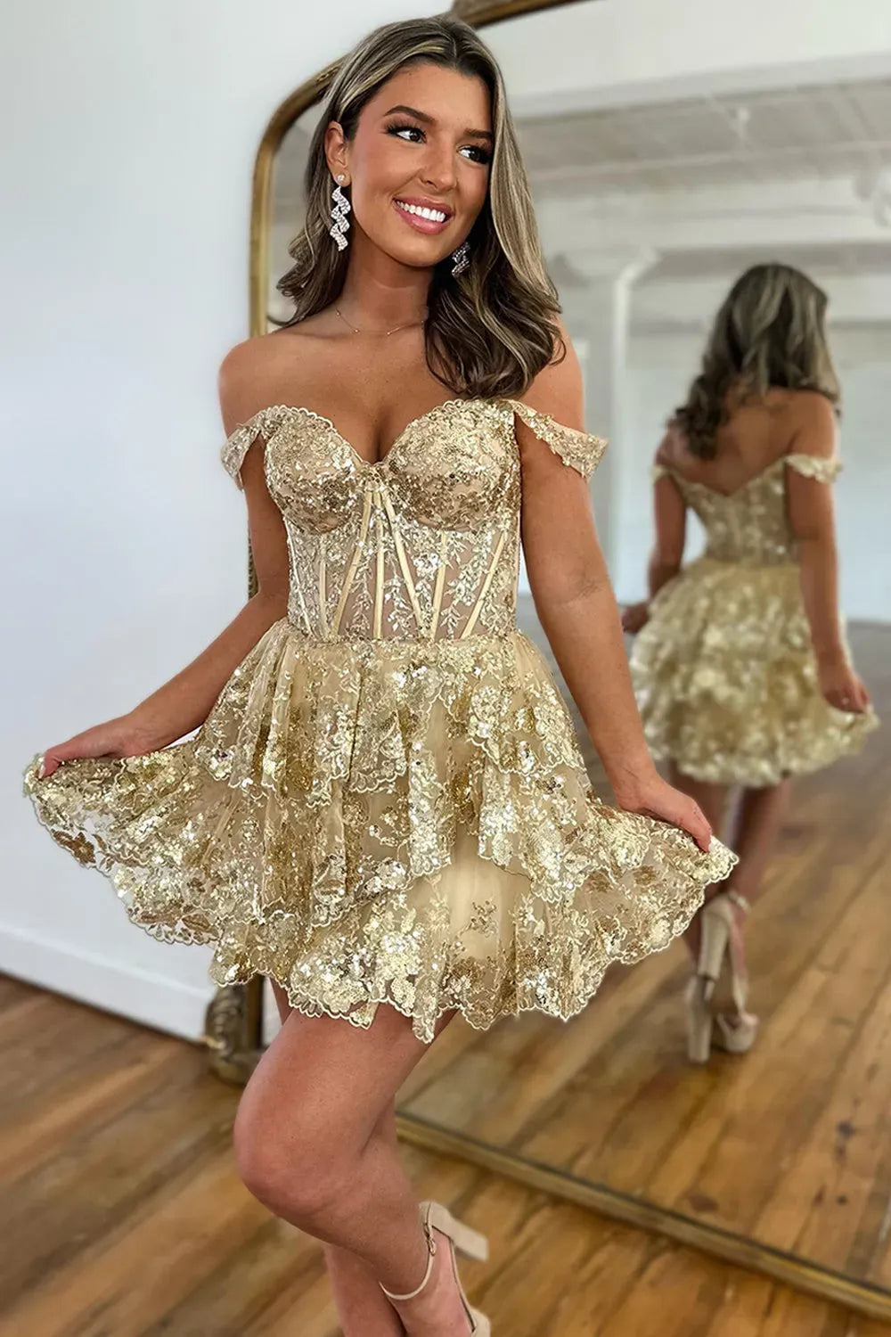 Off-the-Shoulder Sequin Lace Corset Homecoming Dress | Tiered Ruffle Short Prom Gown