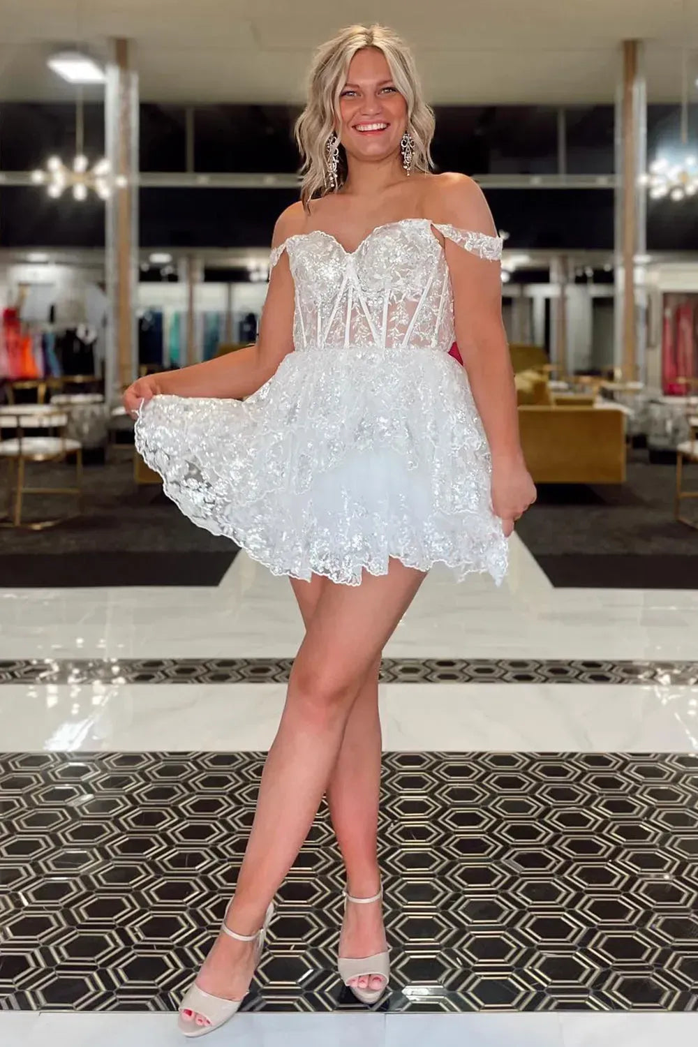 Off-the-Shoulder Sequin Lace Corset Homecoming Dress | Tiered Ruffle Short Prom Gown