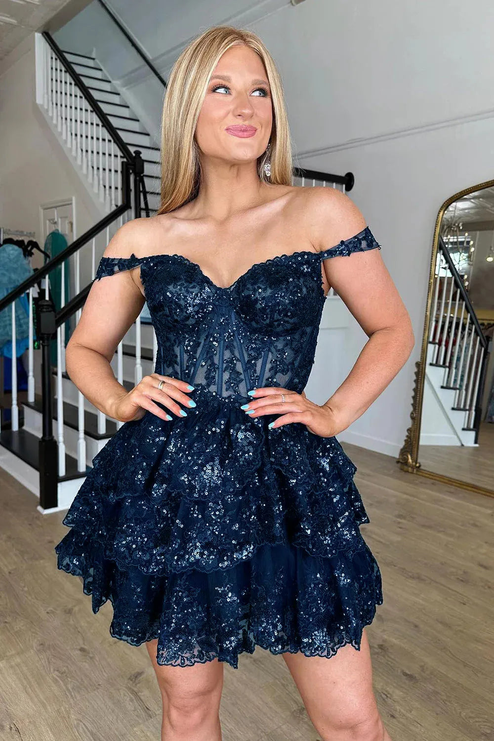 Off-the-Shoulder Sequin Lace Corset Homecoming Dress | Tiered Ruffle Short Prom Gown