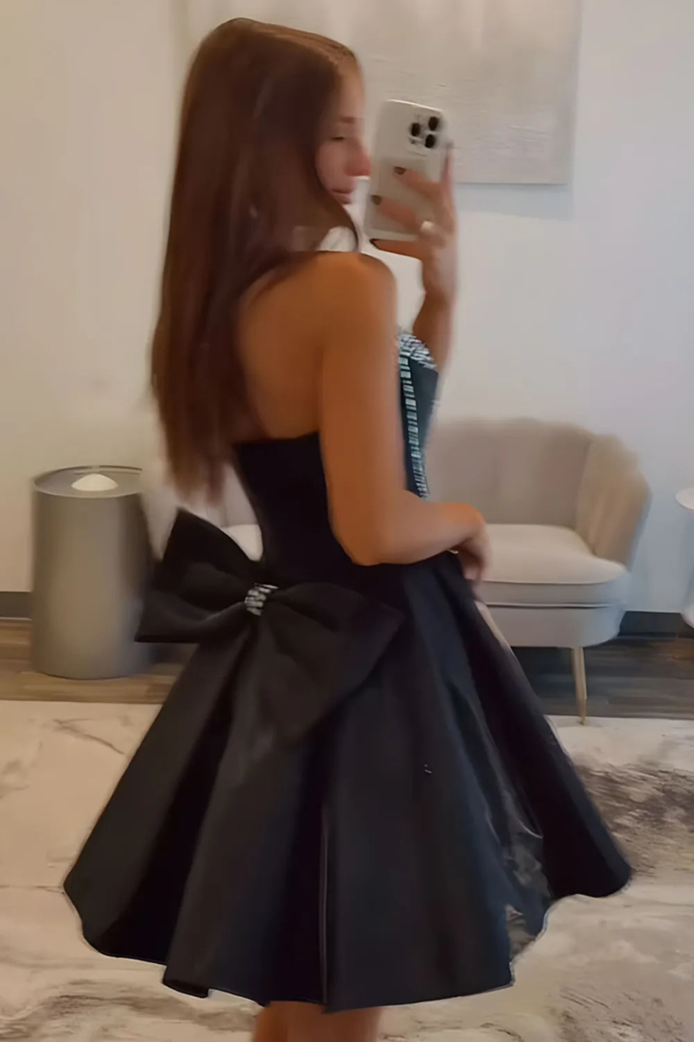 Strapless Rhinestone Corset Homecoming Dress | A-Line Satin Mini with Bow Party Gown