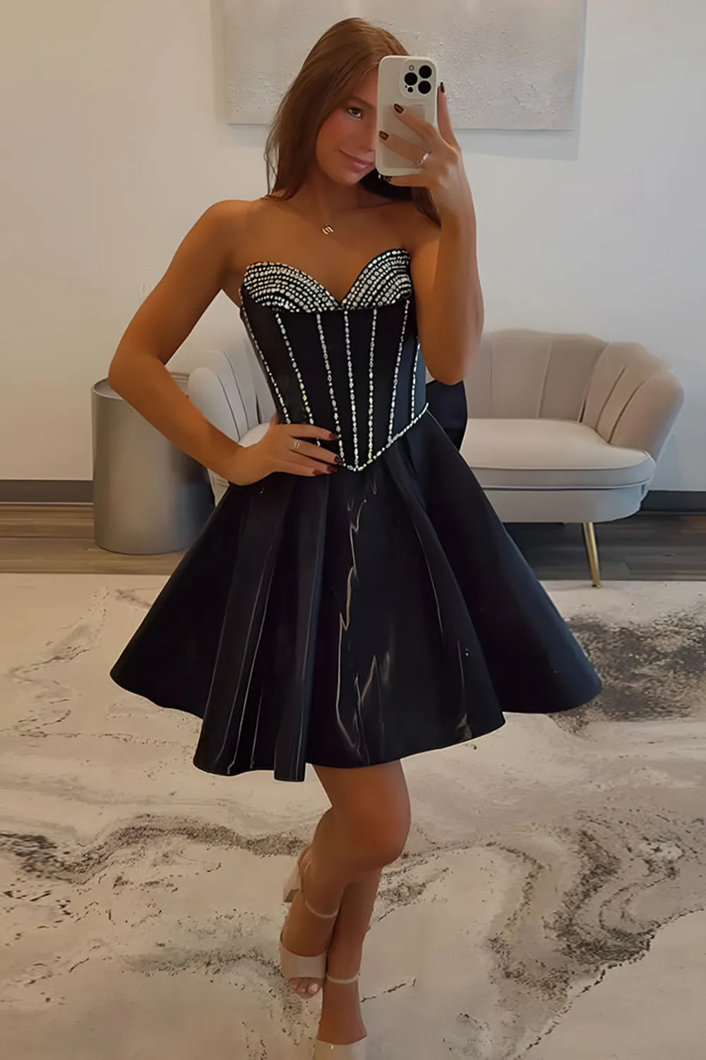 Strapless Rhinestone Corset Homecoming Dress | A-Line Satin Mini with Bow Party Gown