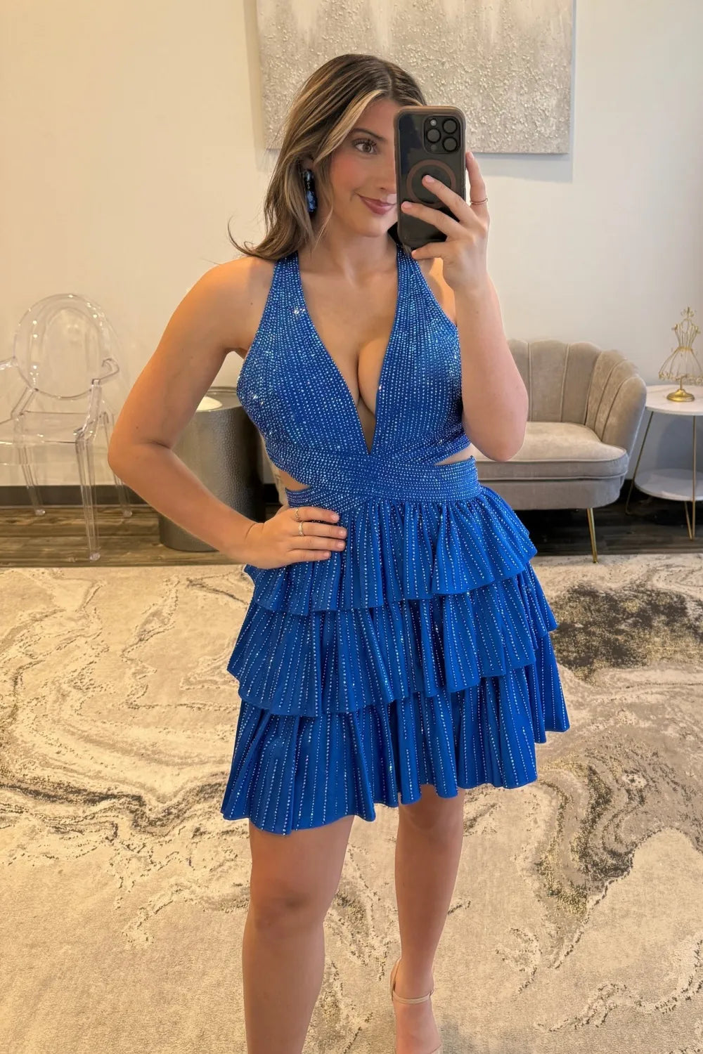 Sparkling Halter Neck Homecoming Dress | Rhinestone-Embellished Tiered Ruffle Skirt Short Prom Gown