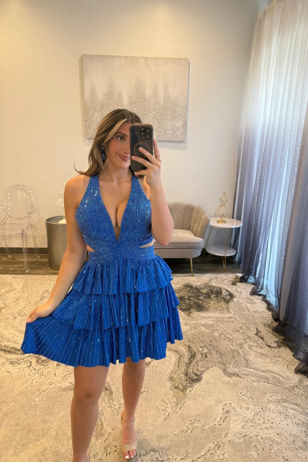 Sparkling Halter Neck Homecoming Dress | Rhinestone-Embellished Tiered Ruffle Skirt Short Prom Gown
