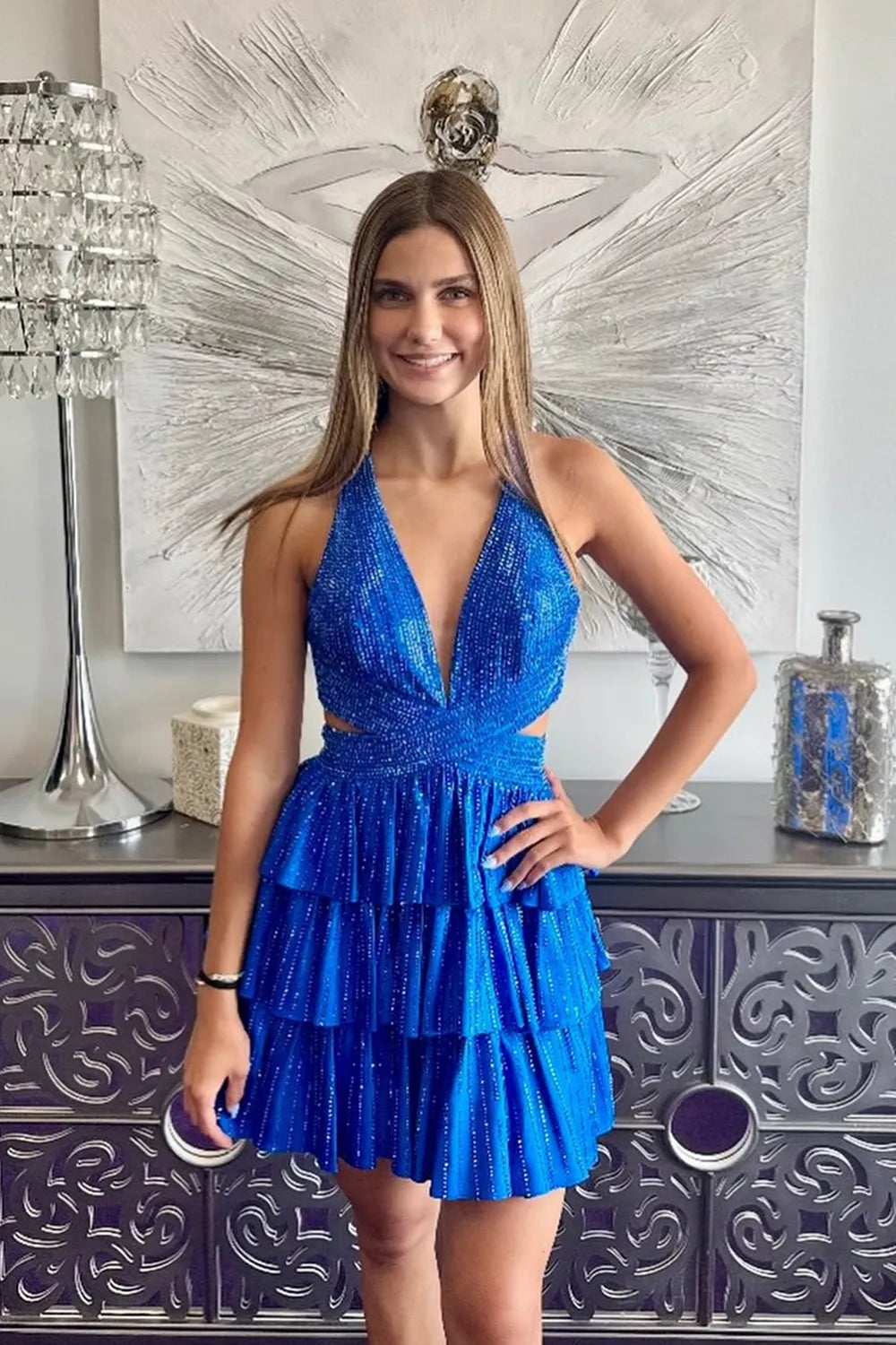 Sparkling Halter Neck Homecoming Dress | Rhinestone-Embellished Tiered Ruffle Skirt Short Prom Gown