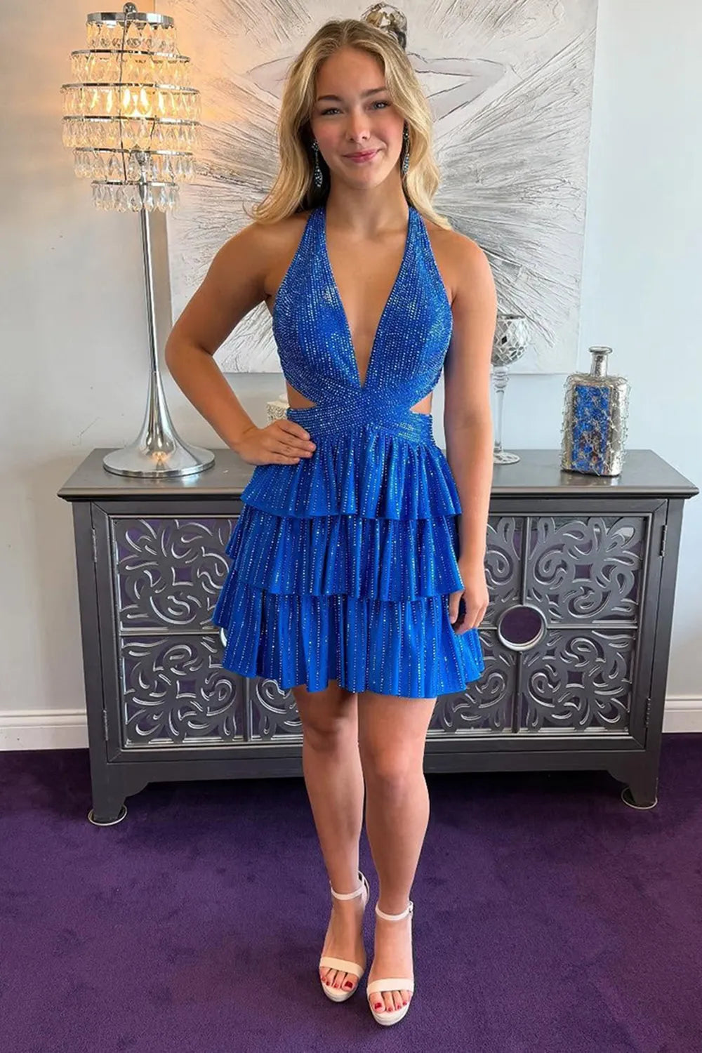 Sparkling Halter Neck Homecoming Dress | Rhinestone-Embellished Tiered Ruffle Skirt Short Prom Gown