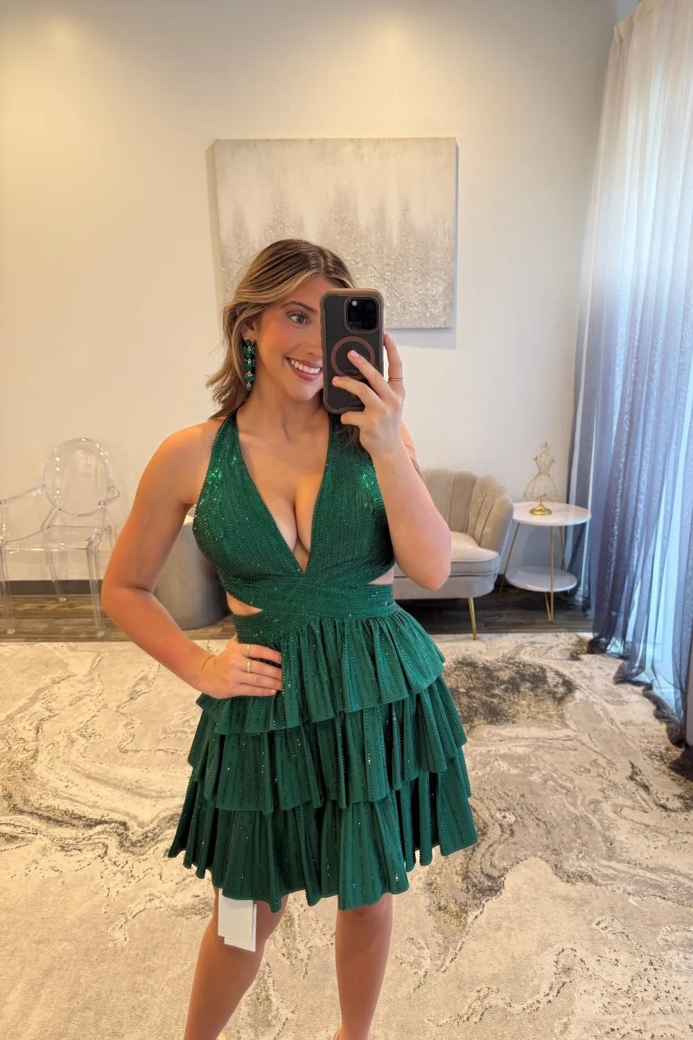 Sparkling Halter Neck Homecoming Dress | Rhinestone-Embellished Tiered Ruffle Skirt Short Prom Gown