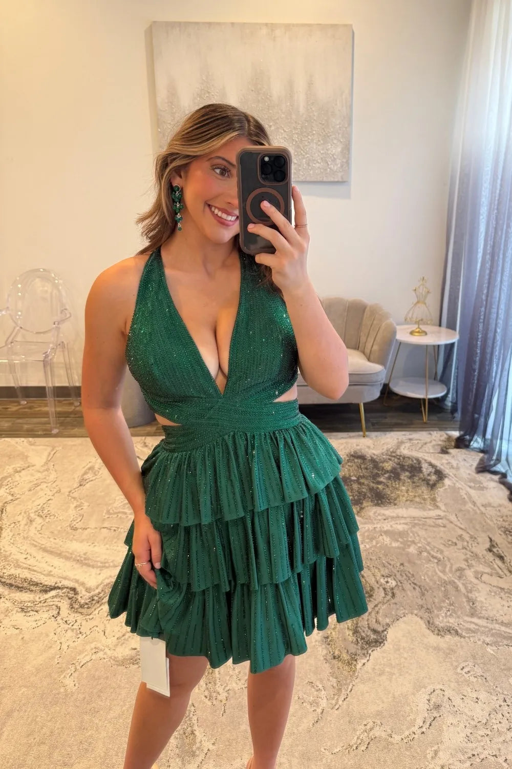 Sparkling Halter Neck Homecoming Dress | Rhinestone-Embellished Tiered Ruffle Skirt Short Prom Gown