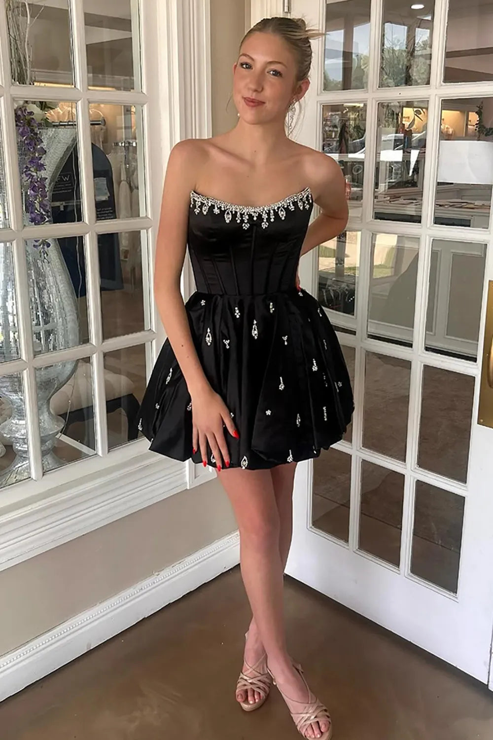 Strapless Crystal-Trimmed Corset Homecoming Dress | Satin A-Line Mini Prom Gown with Rhinestone Skirt
