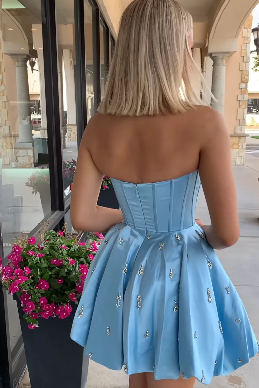 Strapless Crystal-Trimmed Corset Homecoming Dress | Satin A-Line Mini Prom Gown with Rhinestone Skirt