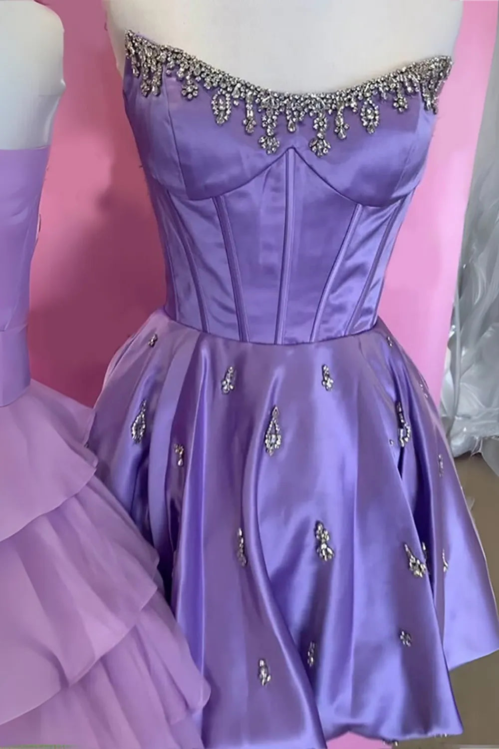 Strapless Crystal-Trimmed Corset Homecoming Dress | Satin A-Line Mini Prom Gown with Rhinestone Skirt