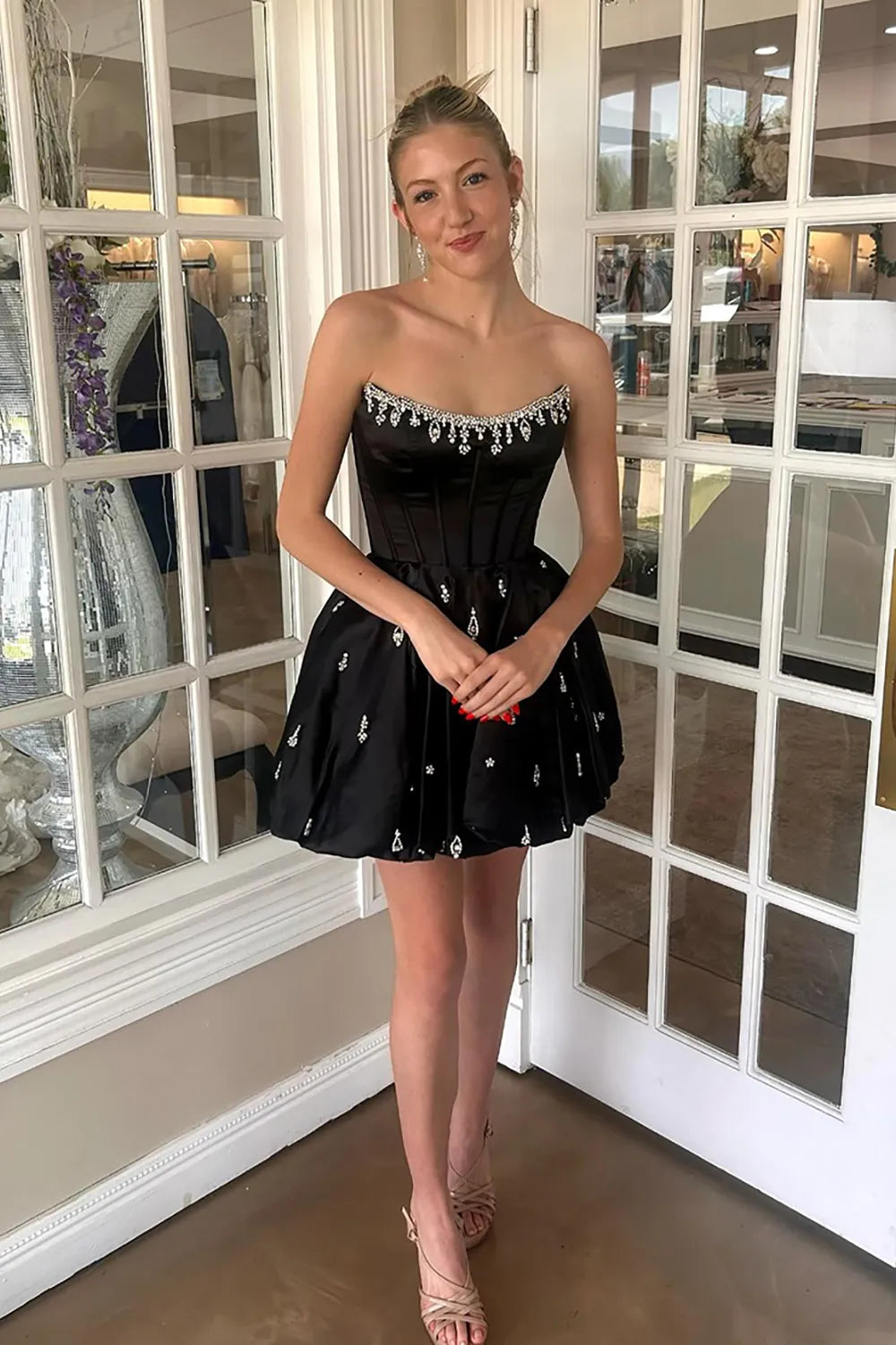 Strapless Crystal-Trimmed Corset Homecoming Dress | Satin A-Line Mini Prom Gown with Rhinestone Skirt