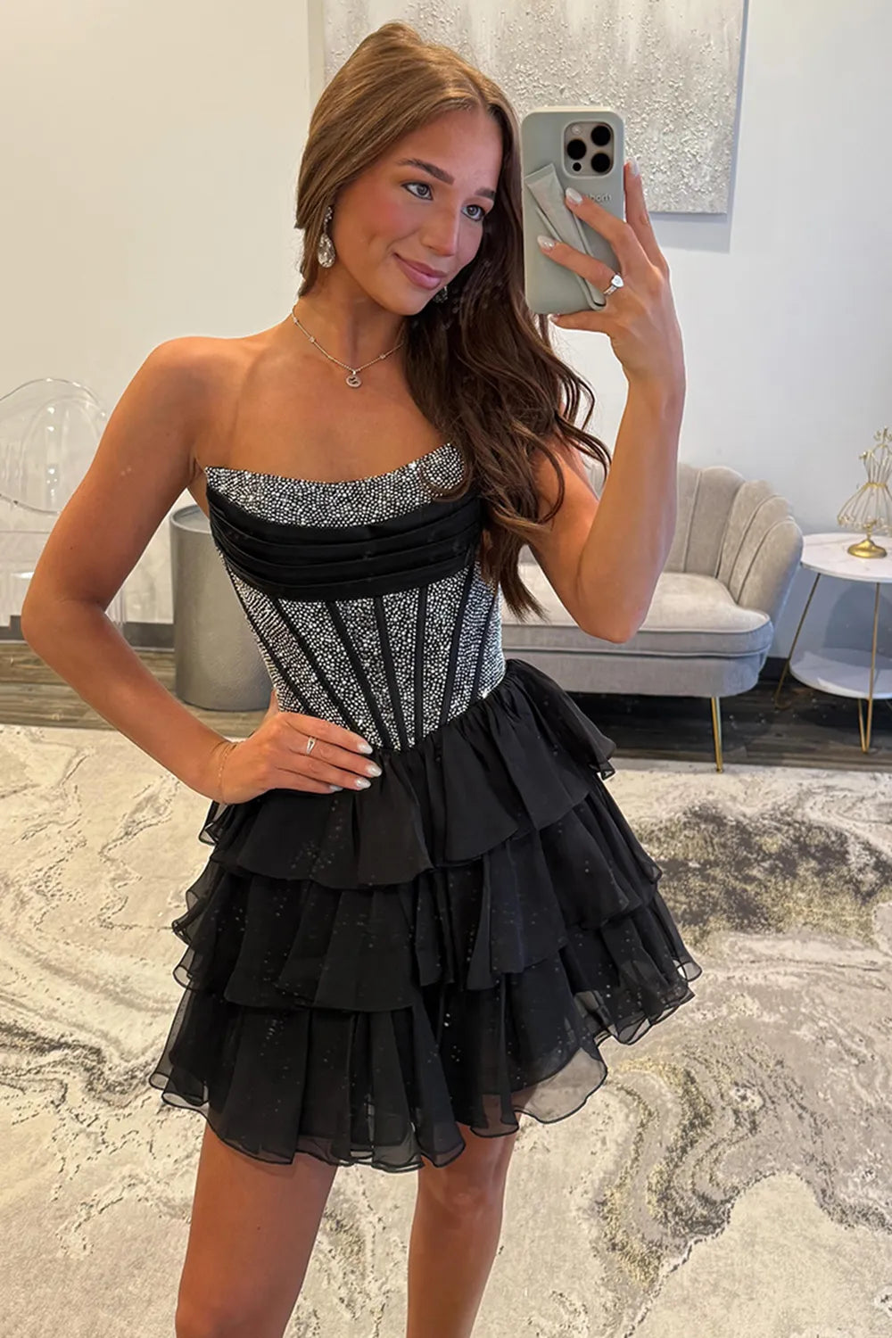 Strapless Rhinestone Corset Homecoming Dress | Tiered Ruffle Chiffon Short Prom Gown