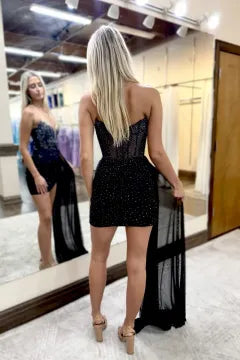 Strapless Rhinestone Corset Homecoming Dress | Bodycon Mini with Detachable Train