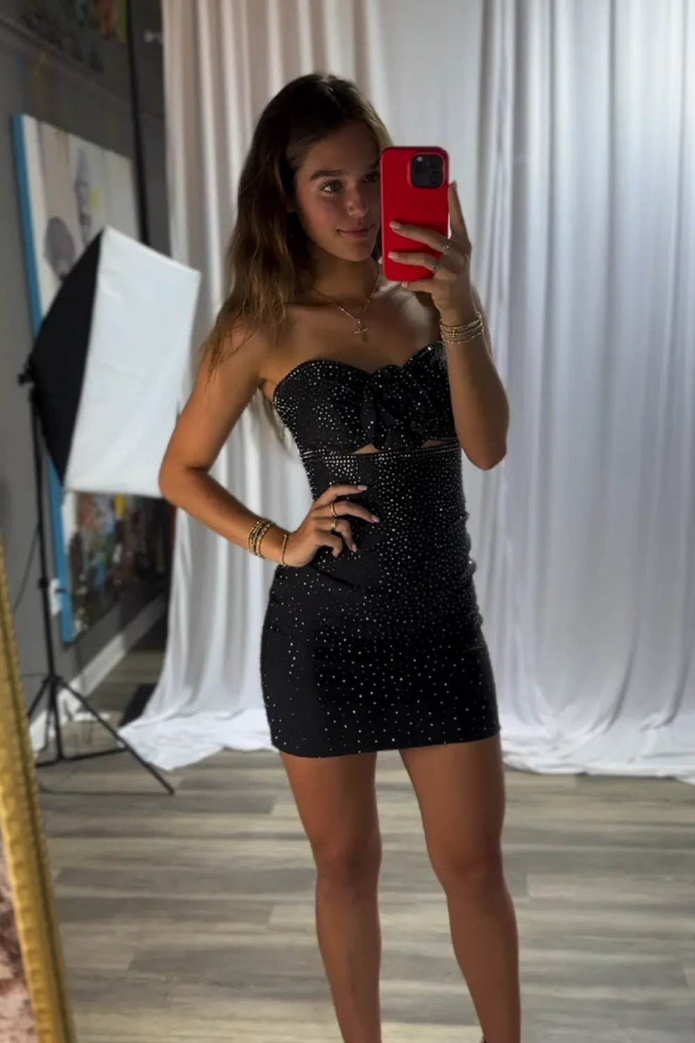 Strapless Sequin Homecoming Dress with 3D Flower & Waist Cutout