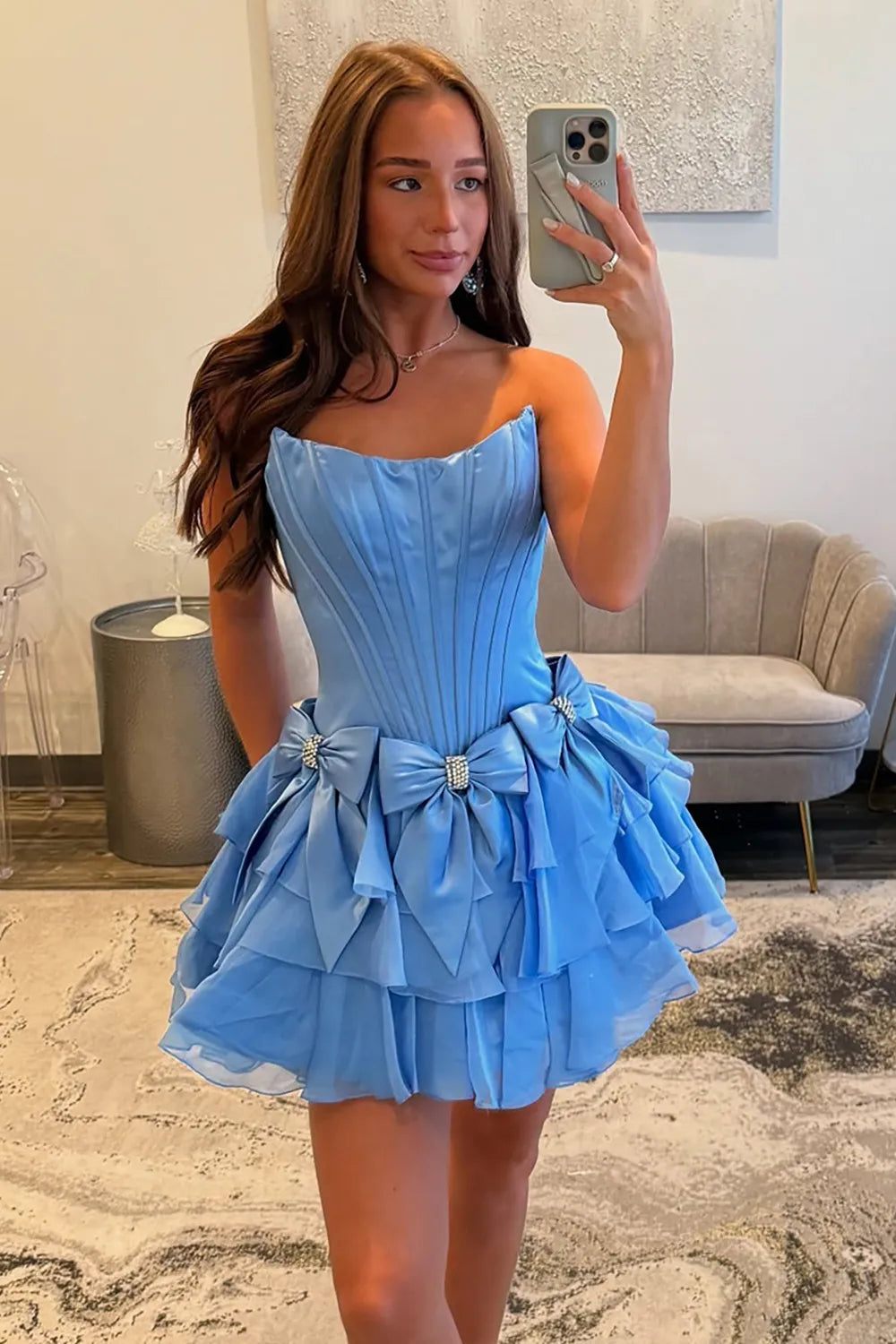 Strapless Satin Corset Homecoming Dress | Tiered Skirt with Crystal Bows Party Gown