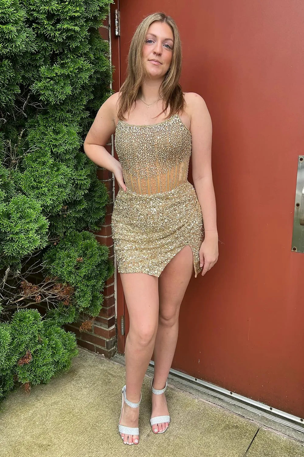 Strapless Rhinestone Corset Homecoming Dress | Asymmetrical Sequin Skirt Short Prom Gown