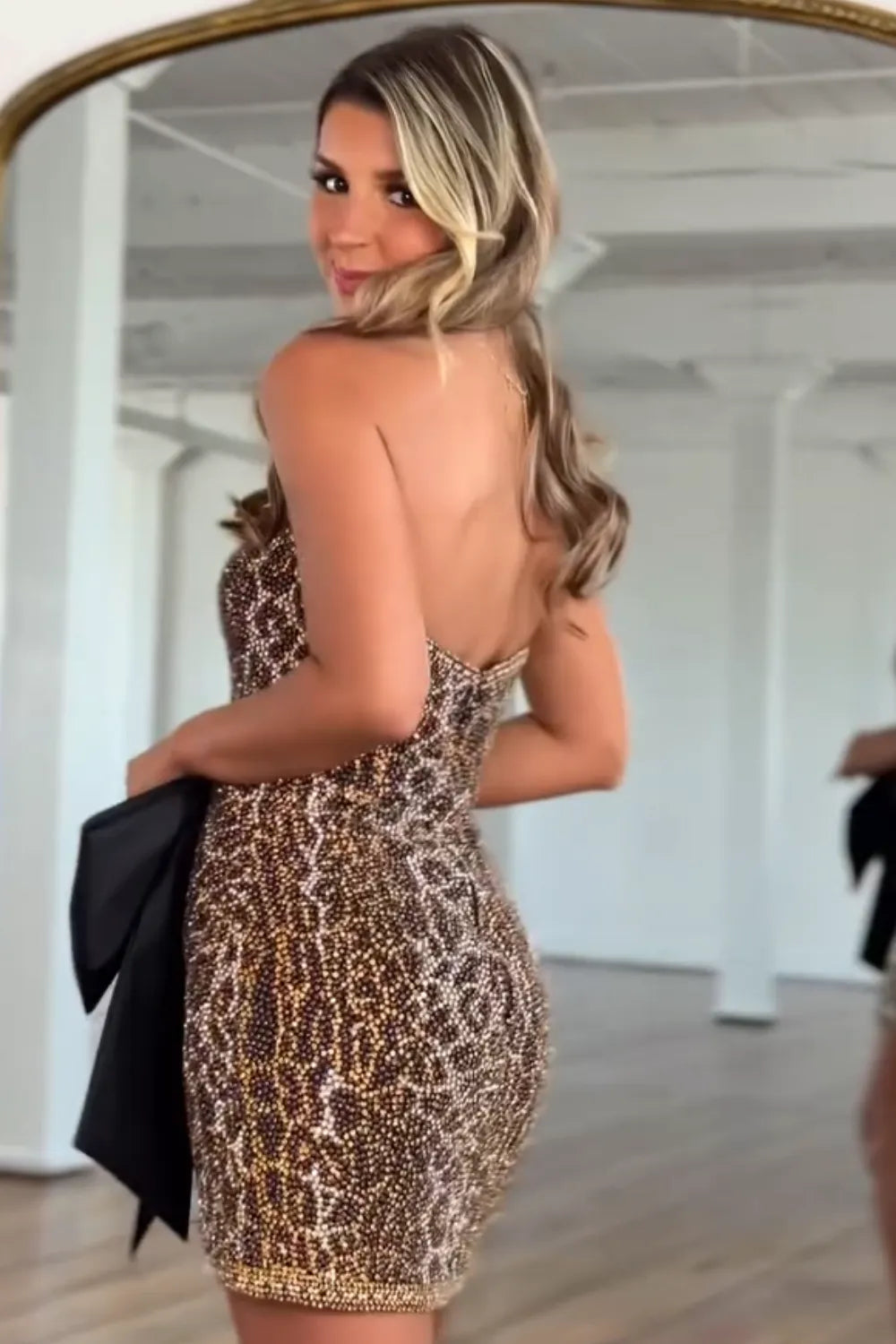Strapless Beaded Bow Homecoming Dress | Black & Gold Short Bodycon Prom Gown