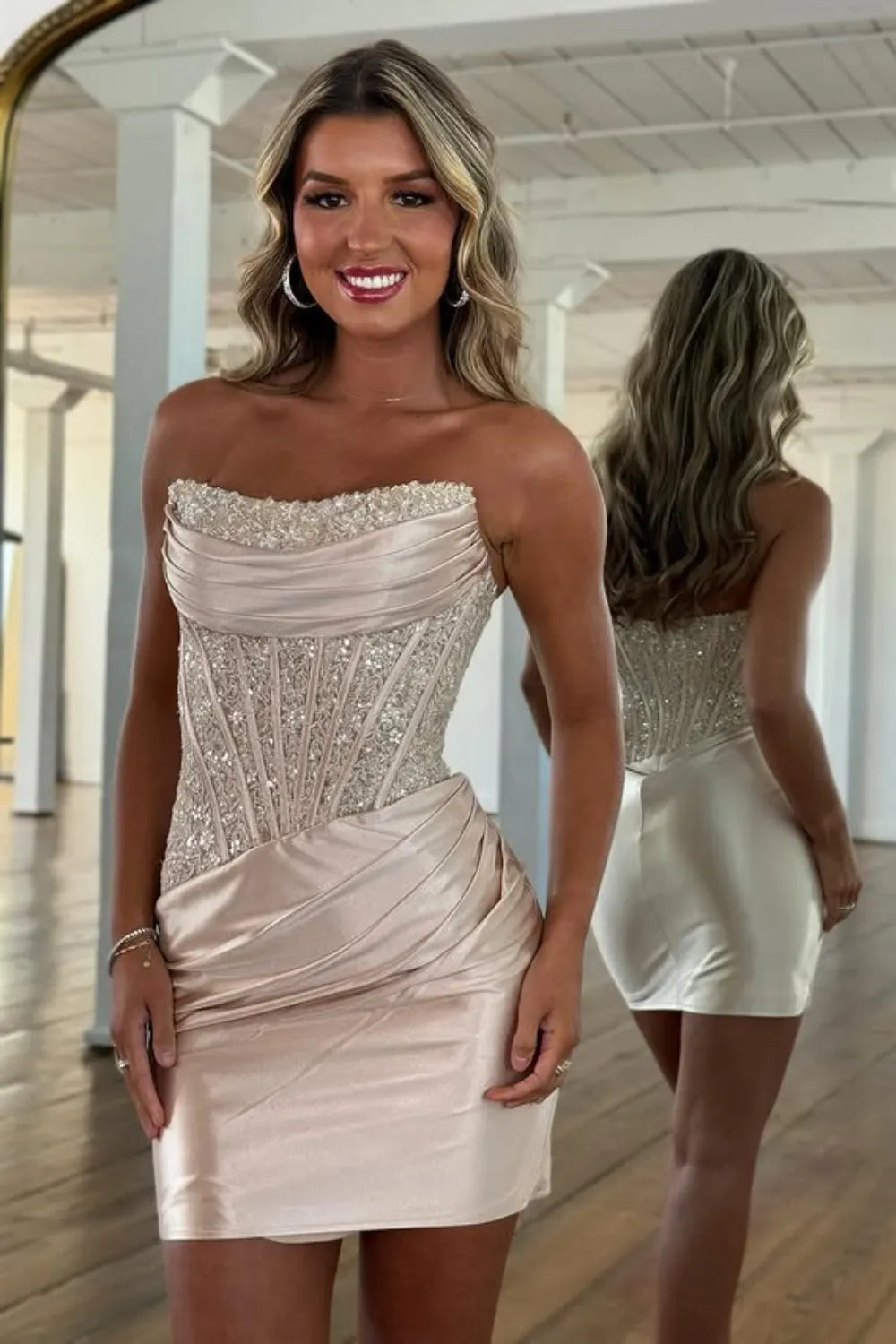 Strapless Rhinestone Corset Homecoming Dress | Satin Ruched Bodycon Short Prom Gown