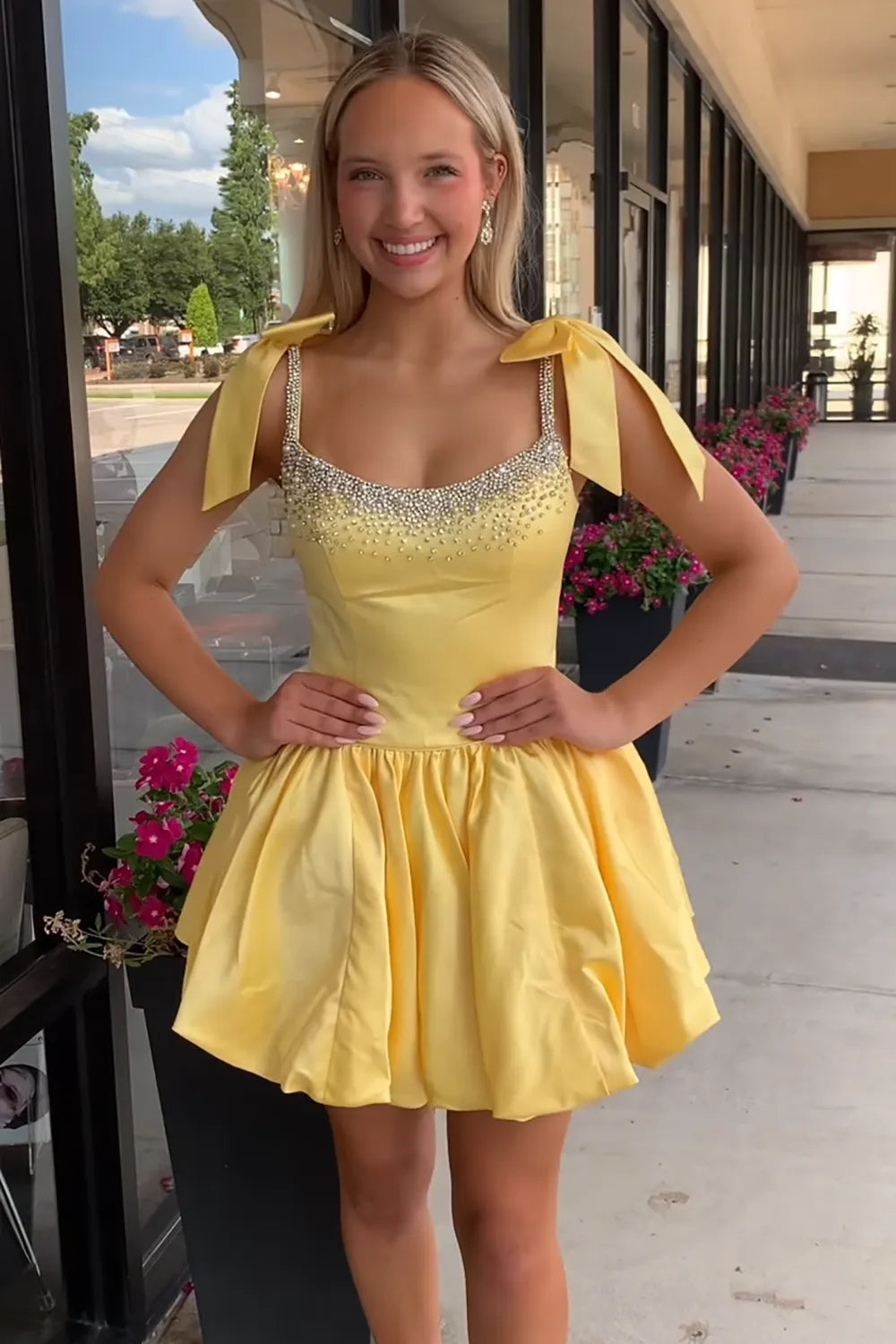 Crystal Embellished Satin Homecoming Dress | Bow Strap Bubble Skirt Short Prom Gown
