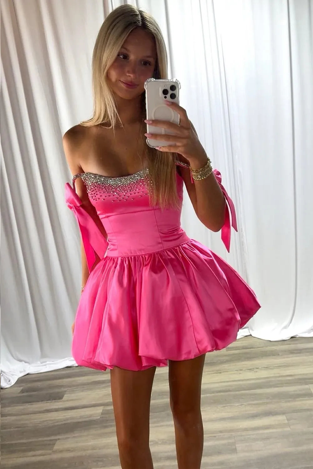 Crystal Embellished Satin Homecoming Dress | Bow Strap Bubble Skirt Short Prom Gown
