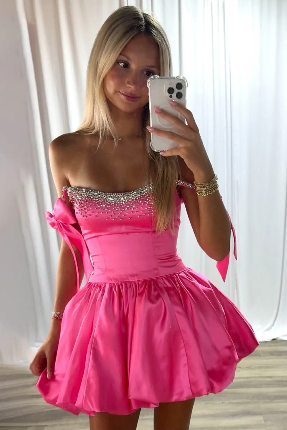 Crystal Embellished Satin Homecoming Dress | Bow Strap Bubble Skirt Short Prom Gown