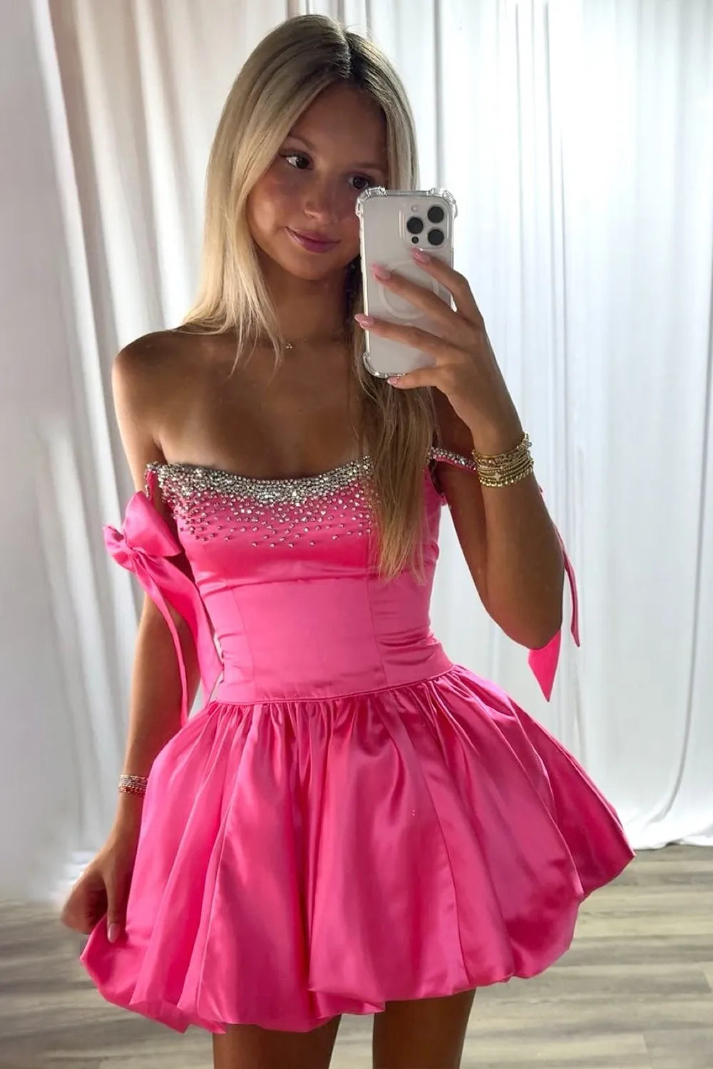 Crystal Embellished Satin Homecoming Dress | Bow Strap Bubble Skirt Short Prom Gown