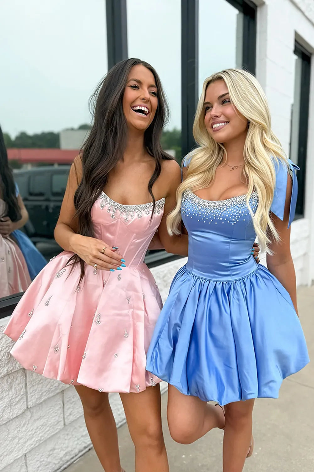 Crystal Embellished Satin Homecoming Dress | Bow Strap Bubble Skirt Short Prom Gown