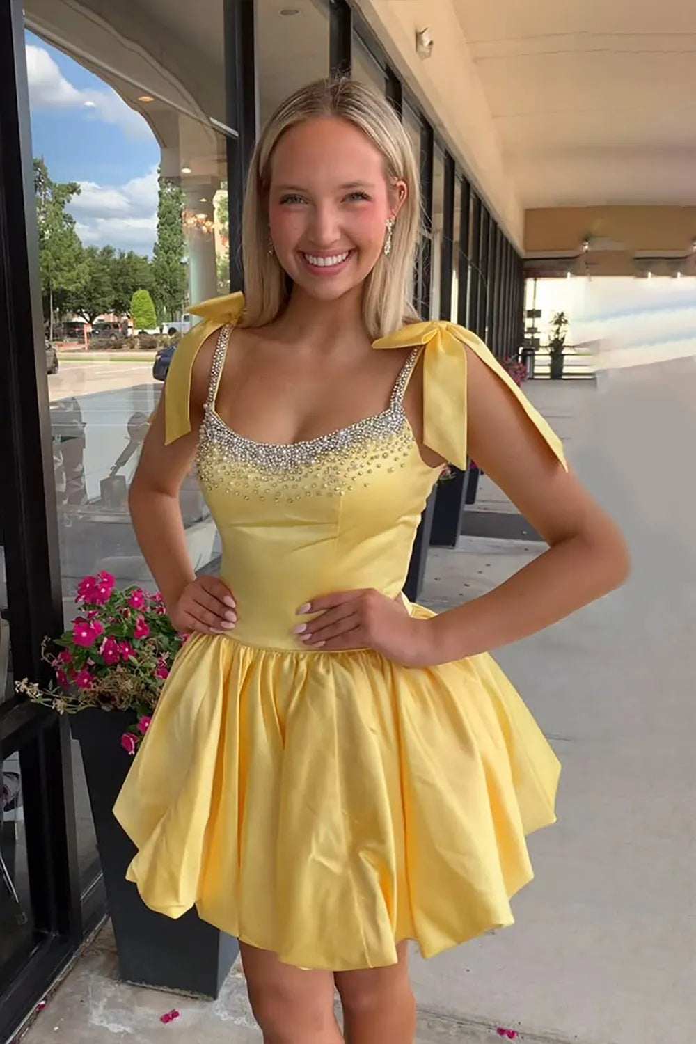 Crystal Embellished Satin Homecoming Dress | Bow Strap Bubble Skirt Short Prom Gown
