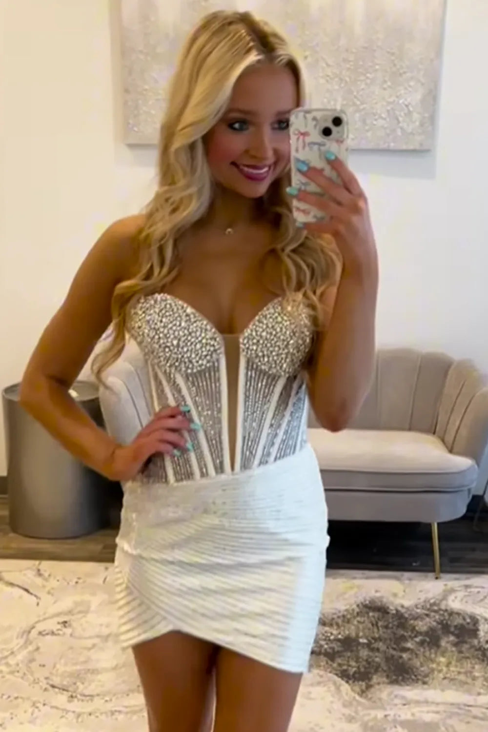Strapless Crystal Corset Homecoming Dress | Rhinestone Bodycon Short Prom Gown