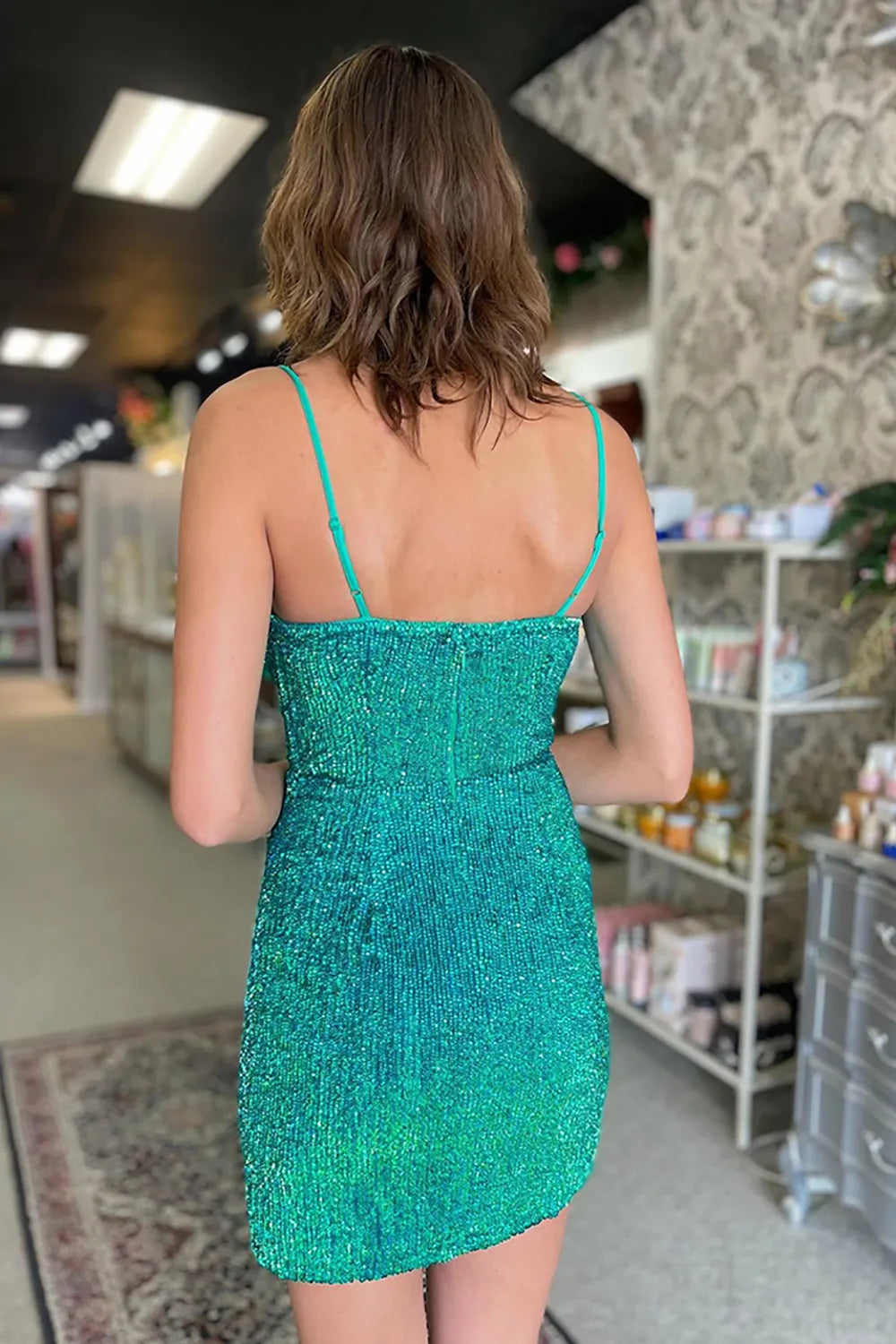 Spaghetti Strap Cowl Neck Homecoming Dress | All-Over Beaded Bodycon Mini Party Gown