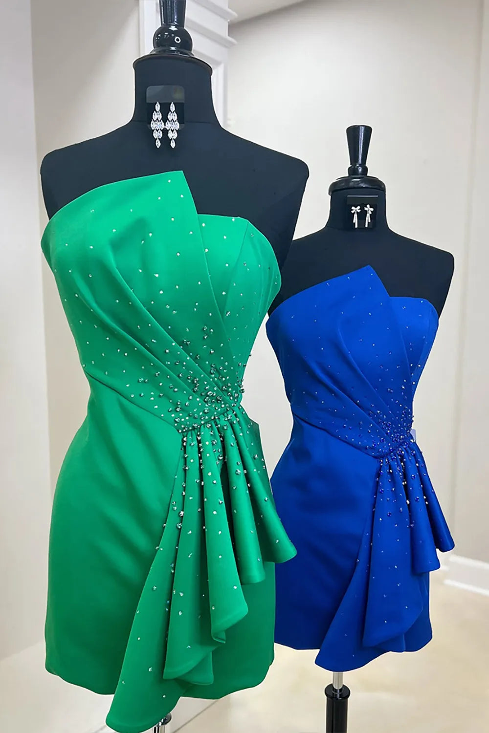 Strapless Asymmetric Neckline Homecoming Dress | Rhinestone Ruffle Detail Short Prom Gown