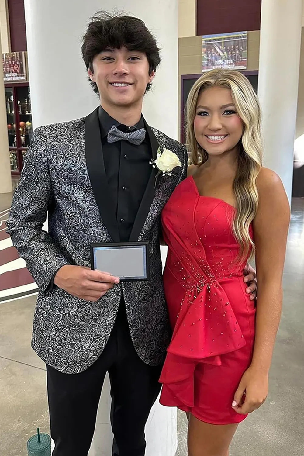 Strapless Asymmetric Neckline Homecoming Dress | Rhinestone Ruffle Detail Short Prom Gown