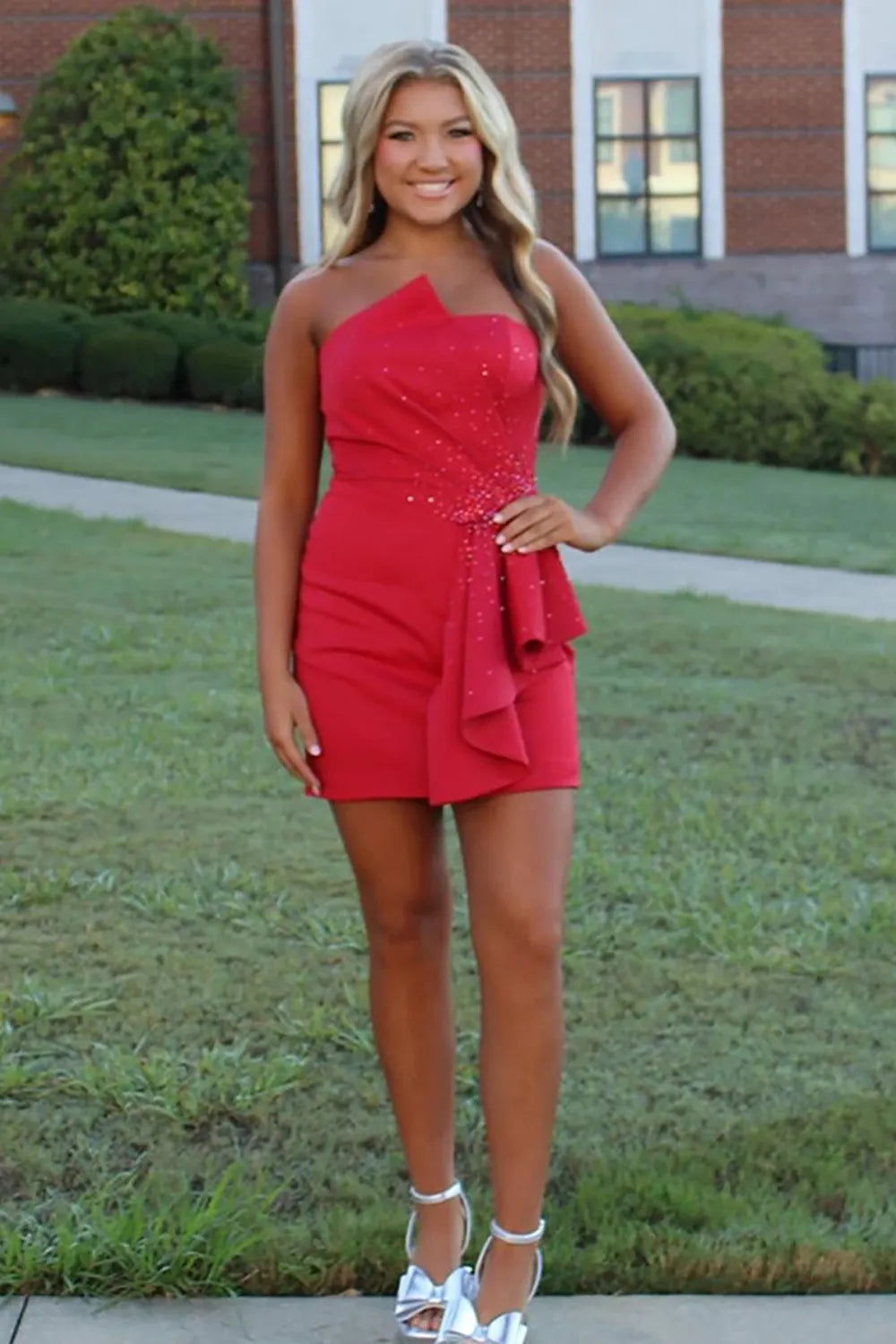 Strapless Asymmetric Neckline Homecoming Dress | Rhinestone Ruffle Detail Short Prom Gown