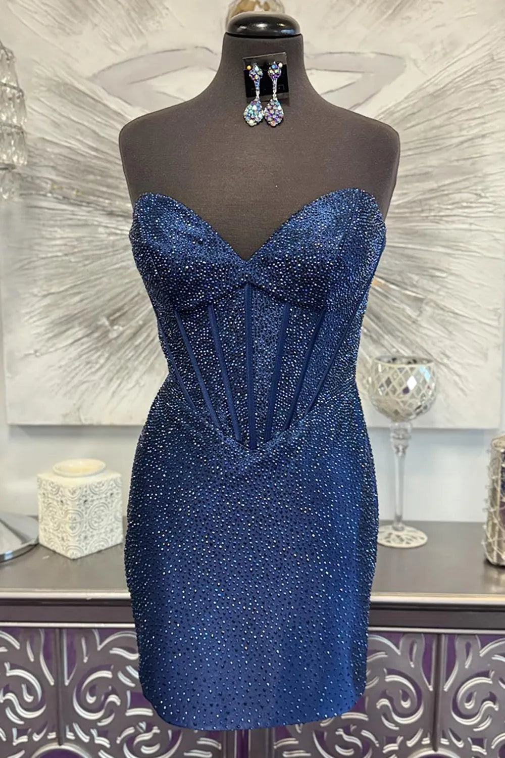 Strapless Sweetheart Rhinestone Corset Homecoming Dress | Sparkly Bodycon Mini Prom Gown