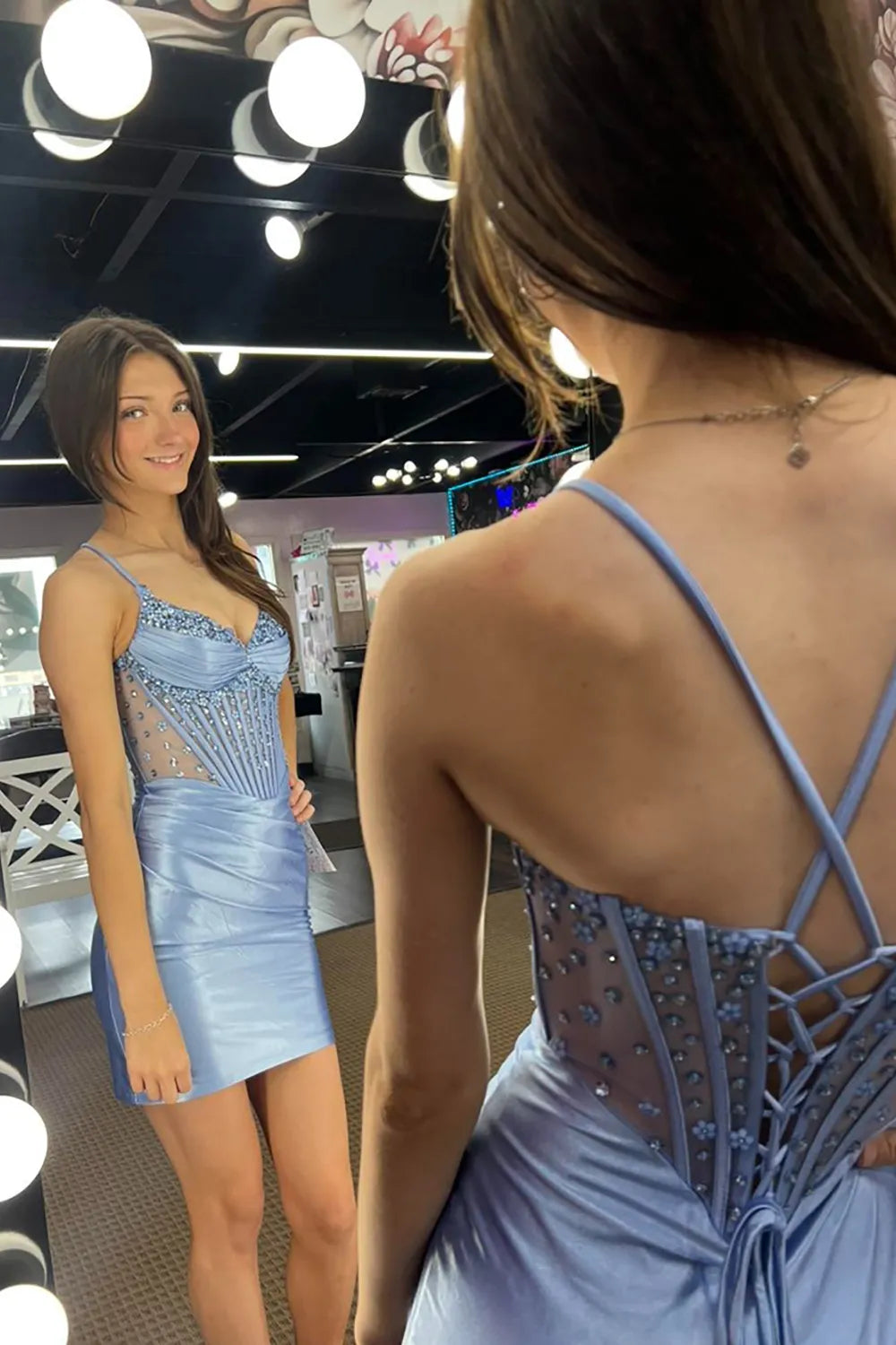Sequin Corset Homecoming Dress | Spaghetti Strap Satin Bodycon Mini Party Gown