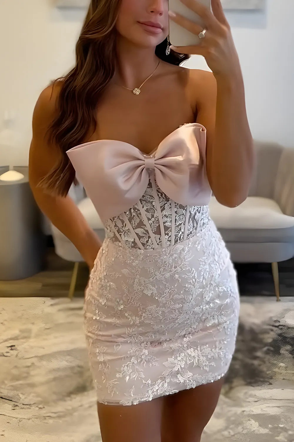Strapless Satin Bow Homecoming Dress | Lace Corset Bodycon Mini Party Gown