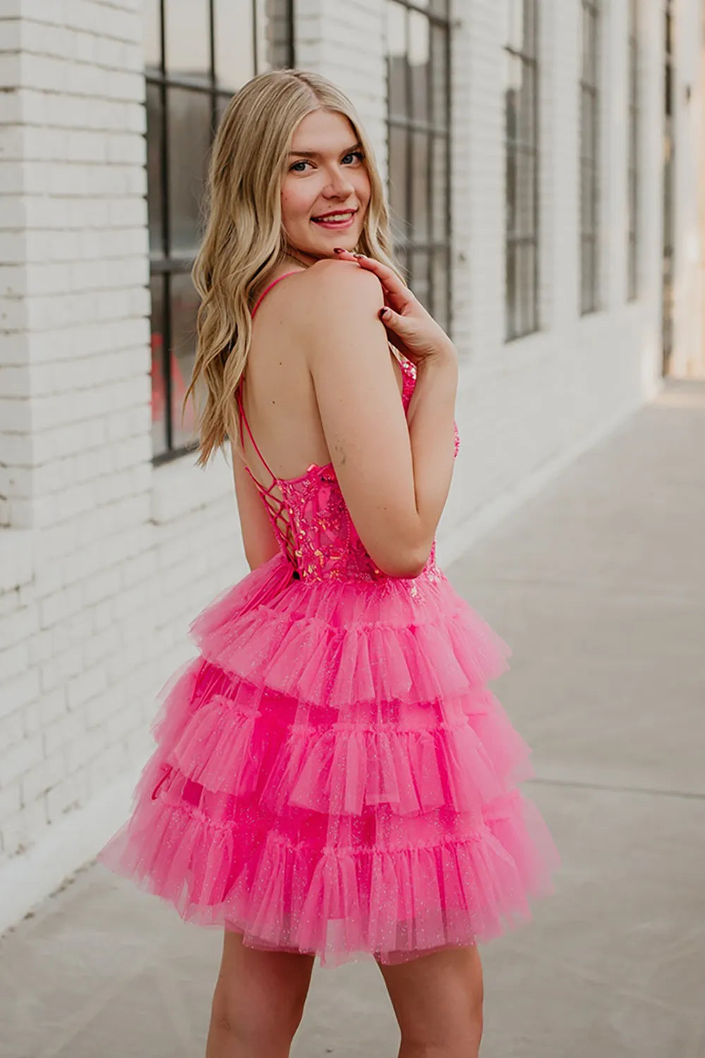 Spaghetti Strap Sequin Lace Homecoming Dress | Tiered Glitter Tulle Skirt with Corset Back Party Gown