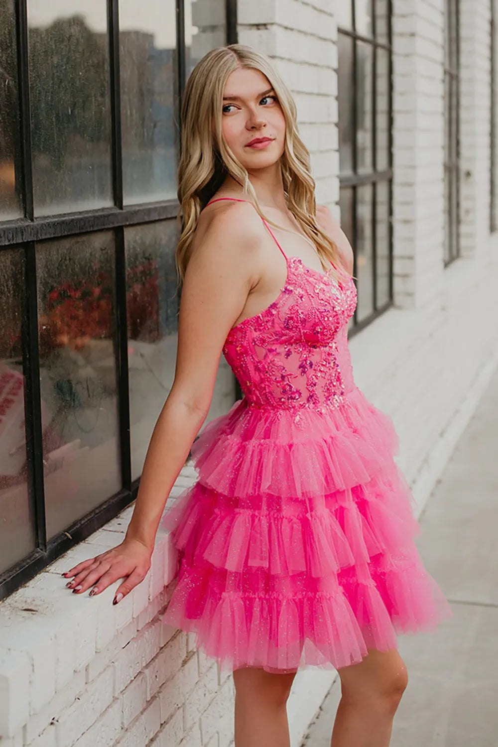 Spaghetti Strap Sequin Lace Homecoming Dress | Tiered Glitter Tulle Skirt with Corset Back Party Gown