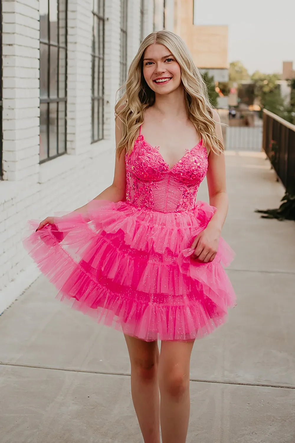 Spaghetti Strap Sequin Lace Homecoming Dress | Tiered Glitter Tulle Skirt with Corset Back Party Gown
