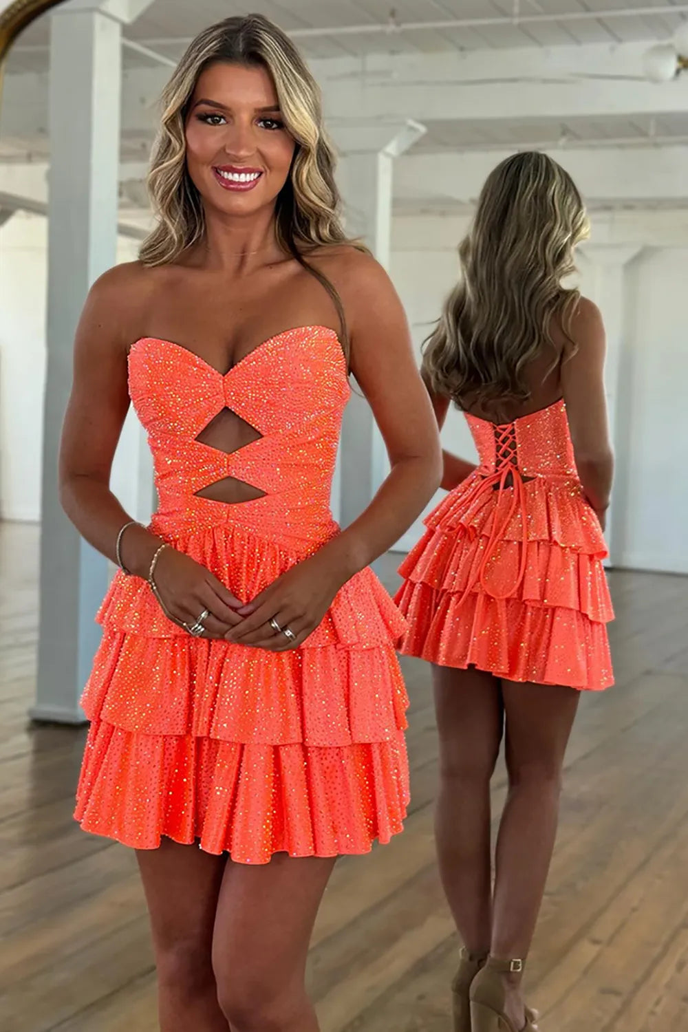 Sparkly Strapless Cutout Tiered Homecoming Dress | Ruffle Skirt Short Prom Gown