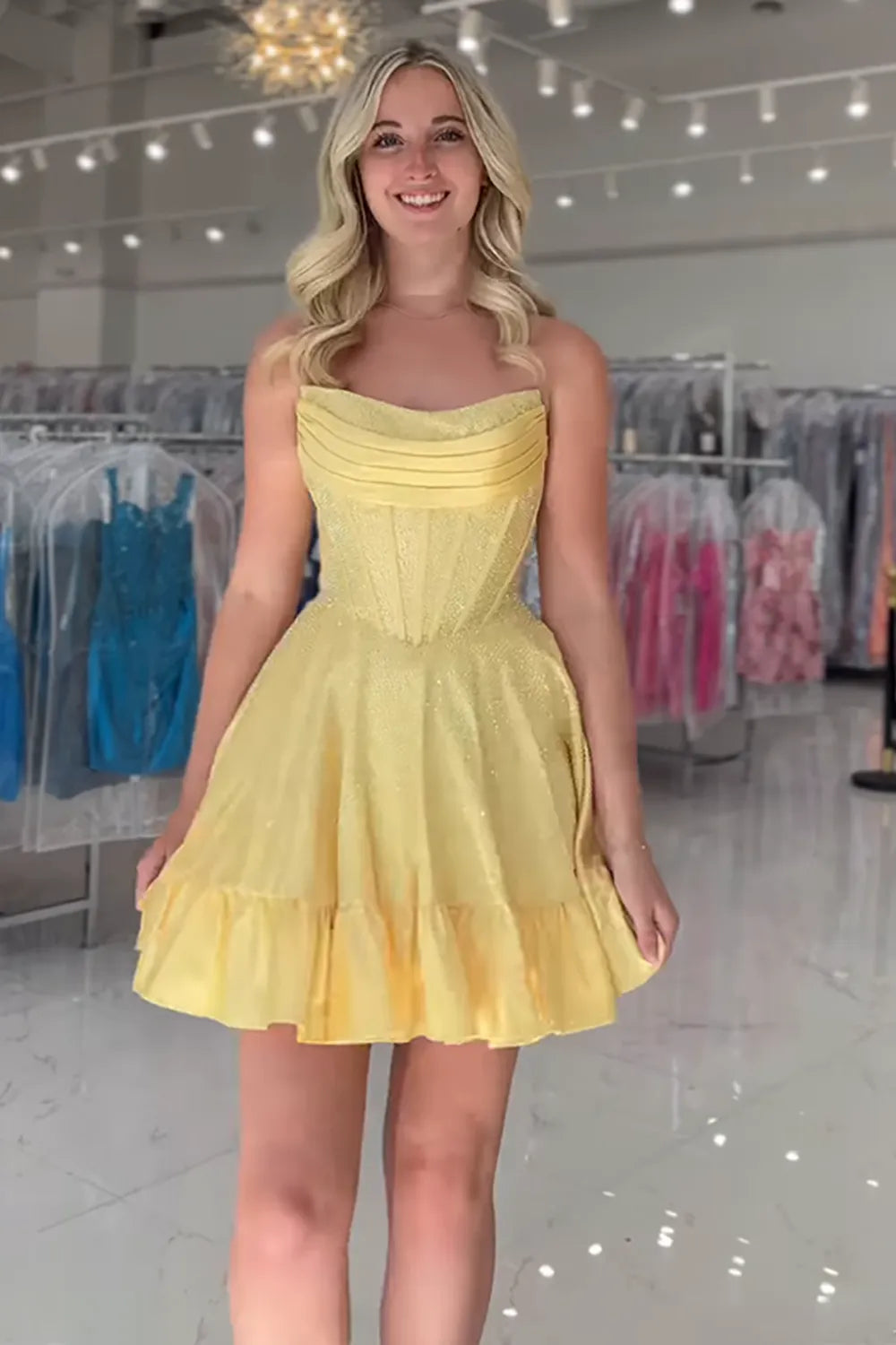 Strapless Rhinestone Corset Homecoming Dress | Satin Ruched Top A-Line Short Prom Gown